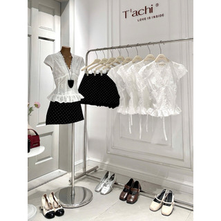 SEP House - Set áo xô thêu nơ viền ren cổ V bo chun lưng cột nơ phối cv đen chấm bi năng động, trẻ trung - Ảnh thậtjt ko