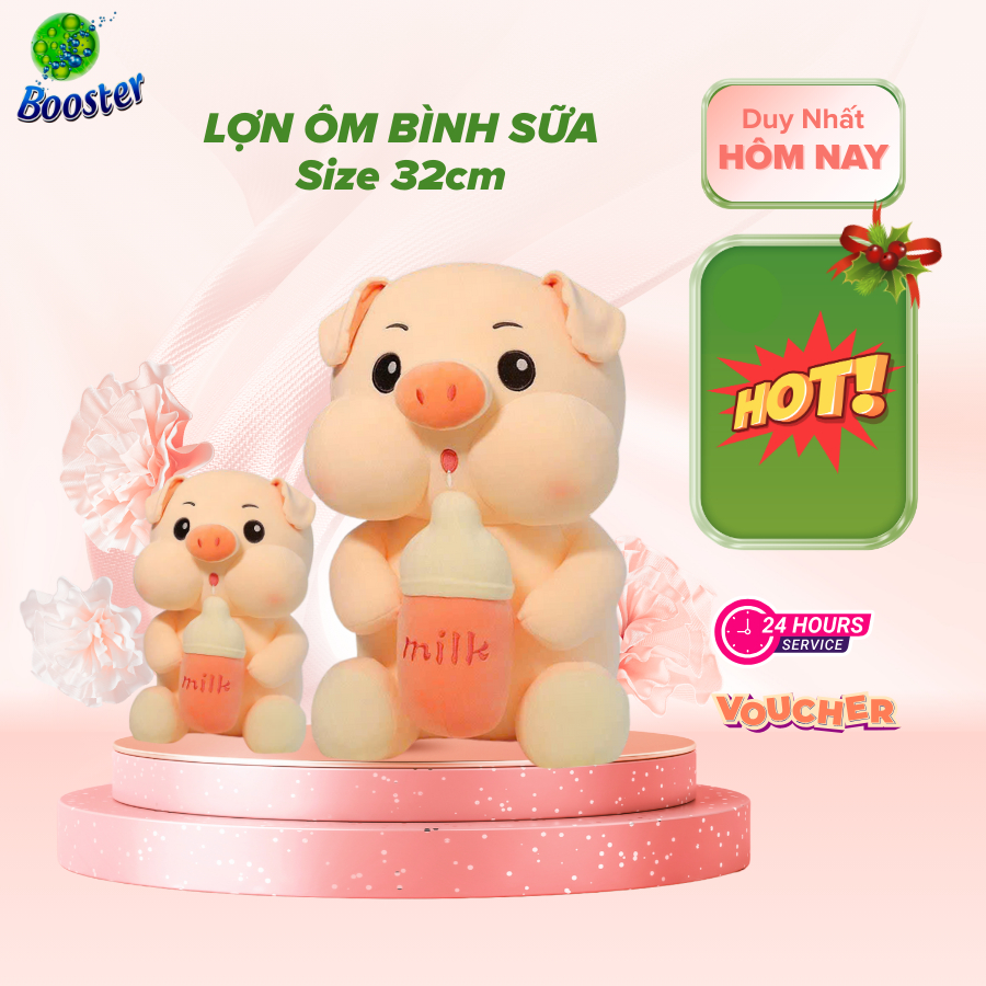 Gấu bông heo, gấu lợn ôm bình sữa 32cm hàng cao cấp.quà tặng