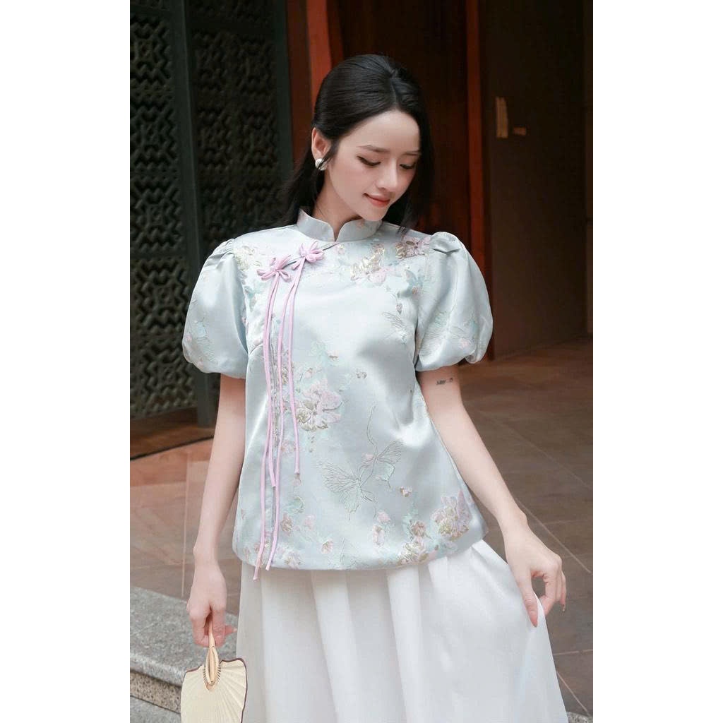 LASY Thời Trang Nữ| Sét Áo Gấm Hoa Tay Phồng Đính Hoa + Chân Váy T-AD0173