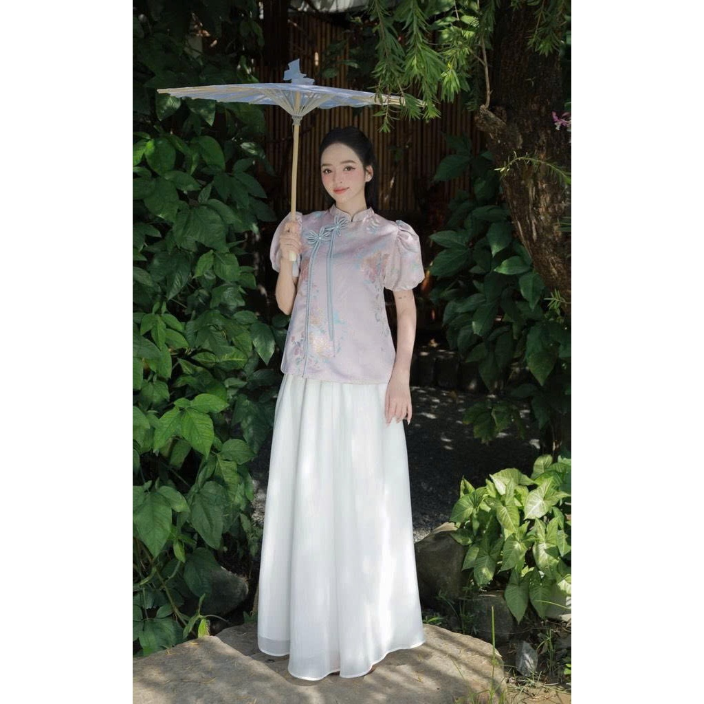 LASY Thời Trang Nữ| Sét Áo Gấm Hoa Tay Phồng Đính Hoa + Chân Váy T-AD0173
