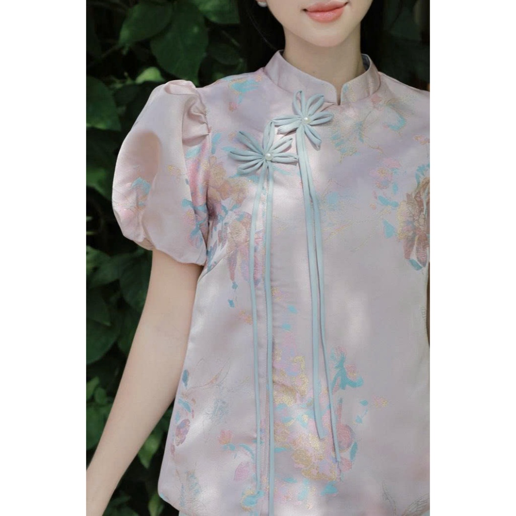 LASY Thời Trang Nữ| Sét Áo Gấm Hoa Tay Phồng Đính Hoa + Chân Váy T-AD0173