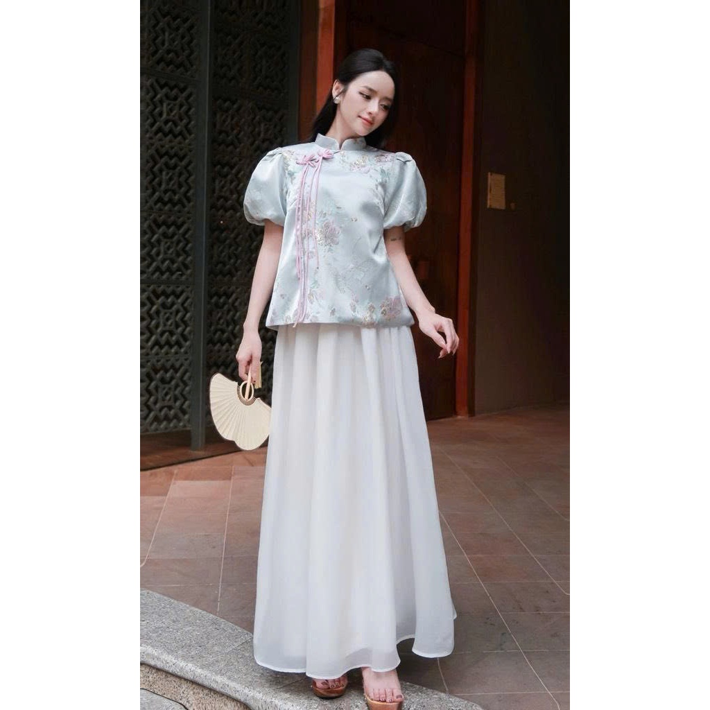 LASY Thời Trang Nữ| Sét Áo Gấm Hoa Tay Phồng Đính Hoa + Chân Váy T-AD0173