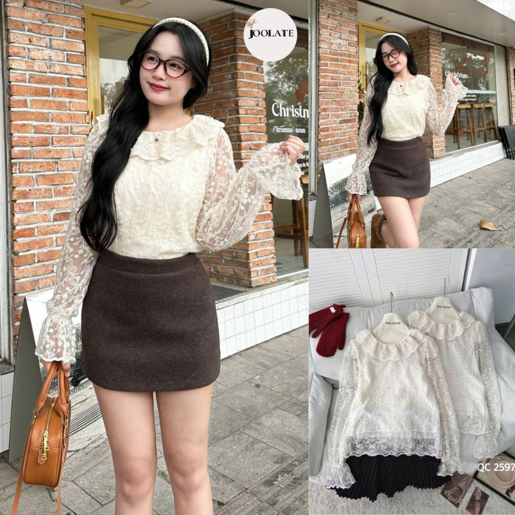 Áó sơ mi ren hoa nổi tay dài  bồng 2 lớp ulzzang tiểu thư Hàn Quốc Joolate  552