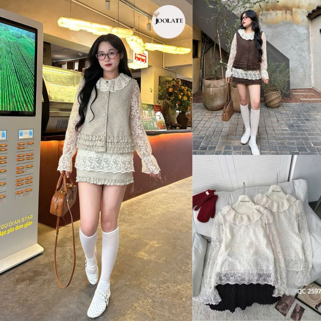 Áó sơ mi ren hoa nổi tay dài  bồng 2 lớp ulzzang tiểu thư Hàn Quốc Joolate  552