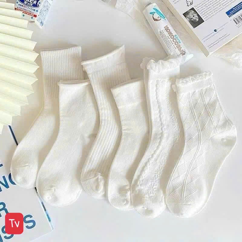 Tất Nữ Trắng Cổ Trung Phong Cách Hàn Quốc – Vớ Nữ Cotton Mềm Mịn, Thoáng Khí, Dễ Phối Đồ
