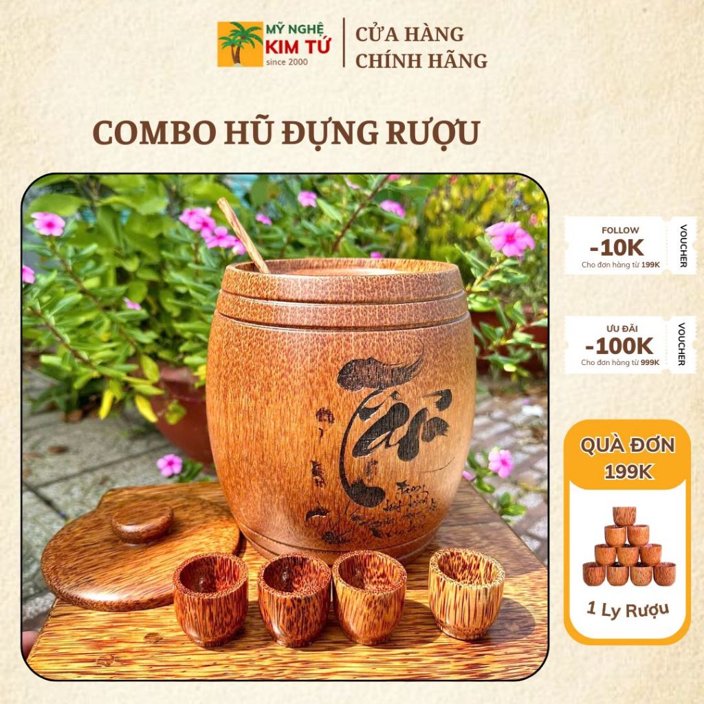 | 𝐂𝐎𝐌𝐁𝐎 | Hũ Đựng Rượu Gỗ Dừa Khắc Lazer Thư Pháp Kèm 4 Ly Rượu Gáo Múc Rượu Hàng Thủ Công Gỗ Dừa Tự Nhiên