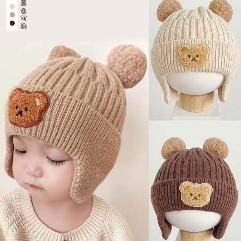 Mũ trẻ em mùa thu đông cùng loạt màu be của bé bảo vệ tai chống gió dệt kim ấm áp hoạt hình giữ ấm tai cho bé trai và bé