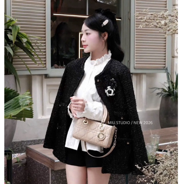 (Tặng kèm tag hoa) Áo khoác dạ tweed phối viền thừng đính khuy nổi bật,Áo khoác nữ dài tay TK dáng dài style tiểu thư HQ