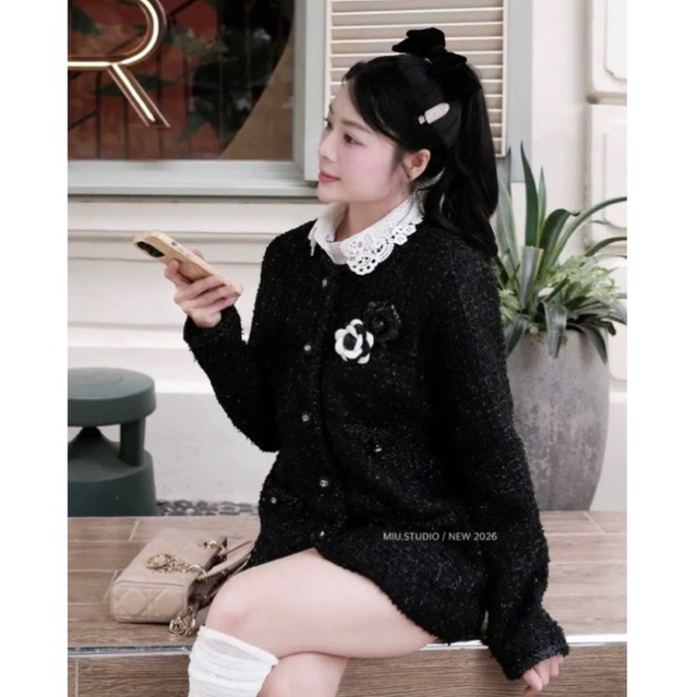 (Tặng kèm tag hoa) Áo khoác dạ tweed phối viền thừng đính khuy nổi bật,Áo khoác nữ dài tay TK dáng dài style tiểu thư HQ