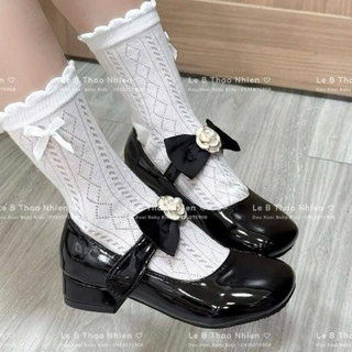 Giày búp bê cao gót cho bé gái khóa dán đính nơ hoa tiện lợi chất liệu da bóng cao cấp mix cùng váy đi tiệc chụp ảnh G74