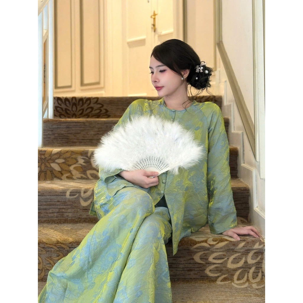 Bộ đi chùa bà ba cách tân cổ tròn lụa gấm tằm Tency Pháp phục lễ chùa đính cúc bọc dài tay gâm mềmThanh lịch - NGO
