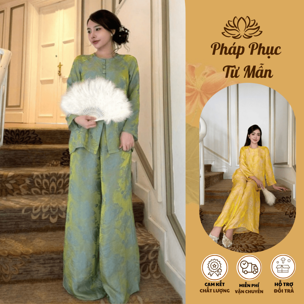 Bộ đi chùa bà ba cách tân cổ tròn lụa gấm tằm Tency Pháp phục lễ chùa đính cúc bọc dài tay gâm mềmThanh lịch - NGO