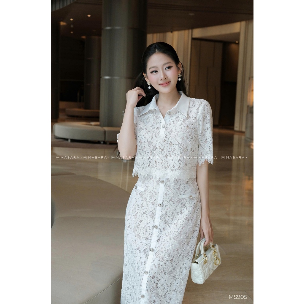 Set áo phối chân váy ren dài đính nút phong cách sang chảnh thanh lịch MS905