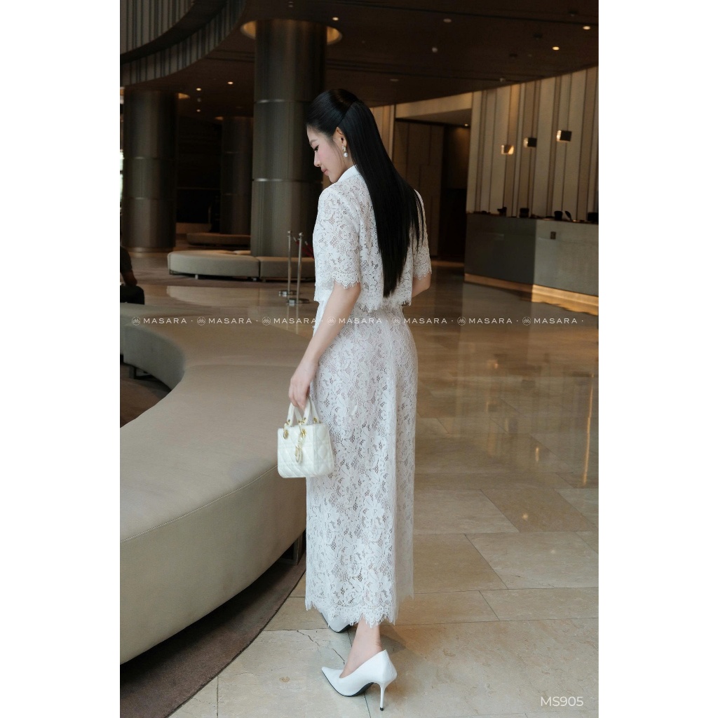 Set áo phối chân váy ren dài đính nút phong cách sang chảnh thanh lịch MS905