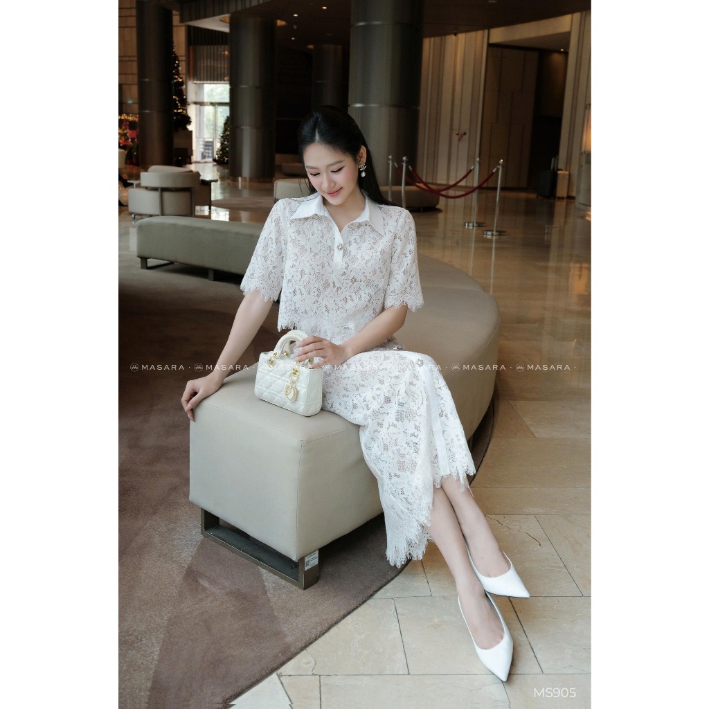 Set áo phối chân váy ren dài đính nút phong cách sang chảnh thanh lịch MS905