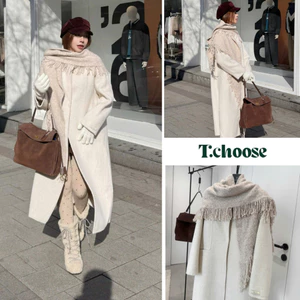 Áo khoác dạ dài màu be kèm khoăn choàng TCHOOSE