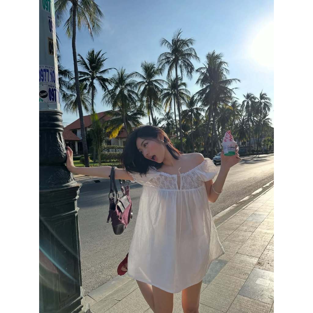 [Sẵn] 2Soonsumff Đầm babydoll dáng ngắn tay bồng phối ren ngực kèm quần short ngắn, set đồ đi chơi mùa hè ngọt ngào