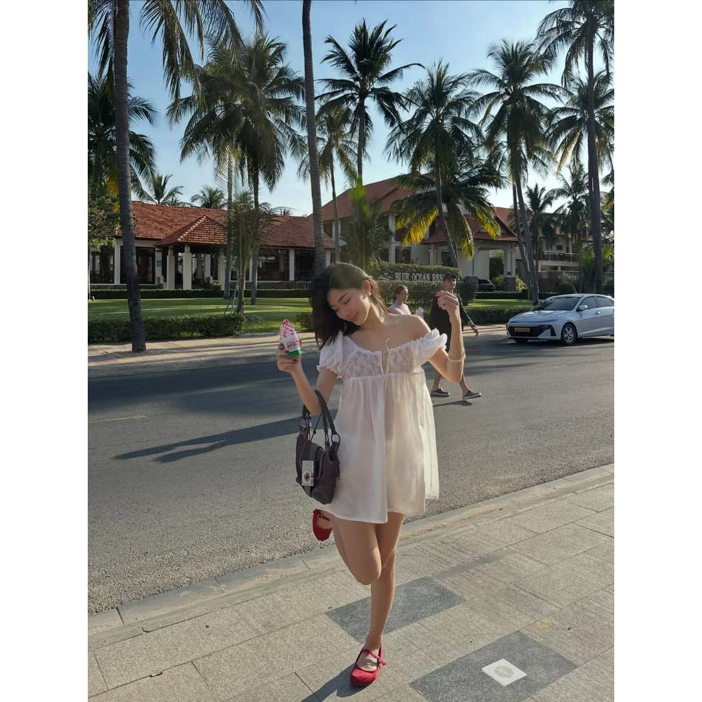 [Sẵn] 2Soonsumff Đầm babydoll dáng ngắn tay bồng phối ren ngực kèm quần short ngắn, set đồ đi chơi mùa hè ngọt ngào
