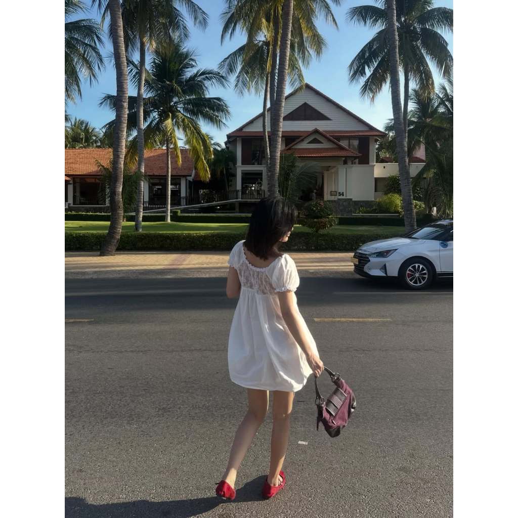 [Sẵn] 2Soonsumff Đầm babydoll dáng ngắn tay bồng phối ren ngực kèm quần short ngắn, set đồ đi chơi mùa hè ngọt ngào