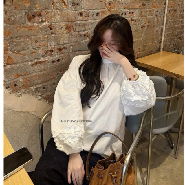 Áo sơmi trắng tay bồng thiết kế xếp bèo tầng MIU.STUDIO , Áo nữ thiết kế from suông cổ trụ style HQ đơn giản dễ phối đồ
