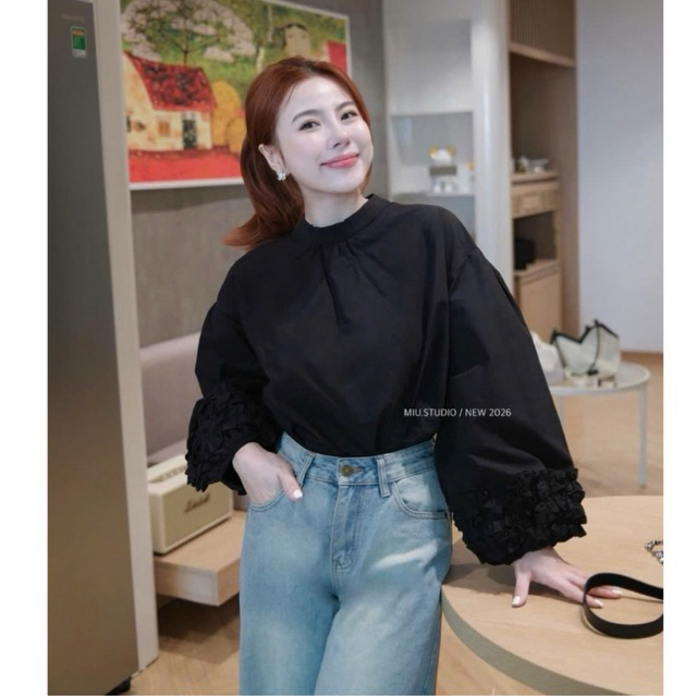 Áo sơmi trắng tay bồng thiết kế xếp bèo tầng MIU.STUDIO , Áo nữ thiết kế from suông cổ trụ style HQ đơn giản dễ phối đồ