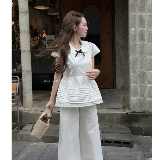 “Lopep Set” Set áo sơmi cổ sen phối dập ly đính tag nơ đen + quần xuông dài viền ren sang chảnh, mặc đi chơi đi cafe