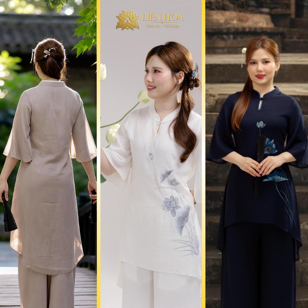 [Tết] Pháp Phục Nữ Liên Hoa – Đầm 1 Nút Truyền Thống, Thêu Hoa Sen, Thanh Lịch Đi Chùa