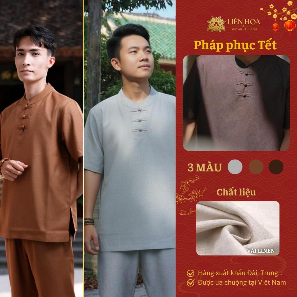 Đồ Lam Nam Đi Chùa Liên Hoa | Cổ Trụ Tay Ngắn | Pháp Phục Tối Giản | Linen Thoáng Mát