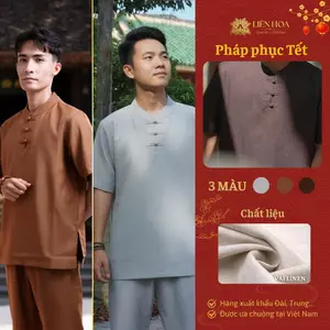 Đồ Lam Nam Đi Chùa Liên Hoa | Cổ Trụ Tay Ngắn | Pháp Phục Tối Giản | Linen Thoáng Mát