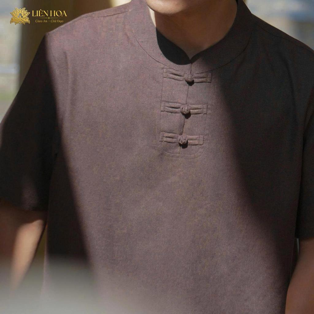 Đồ Lam Nam Đi Chùa Liên Hoa | Cổ Trụ Tay Ngắn | Pháp Phục Tối Giản | Linen Thoáng Mát