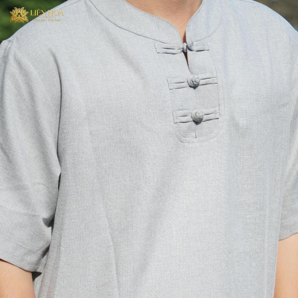 Đồ Lam Nam Đi Chùa Liên Hoa | Cổ Trụ Tay Ngắn | Pháp Phục Tối Giản | Linen Thoáng Mát