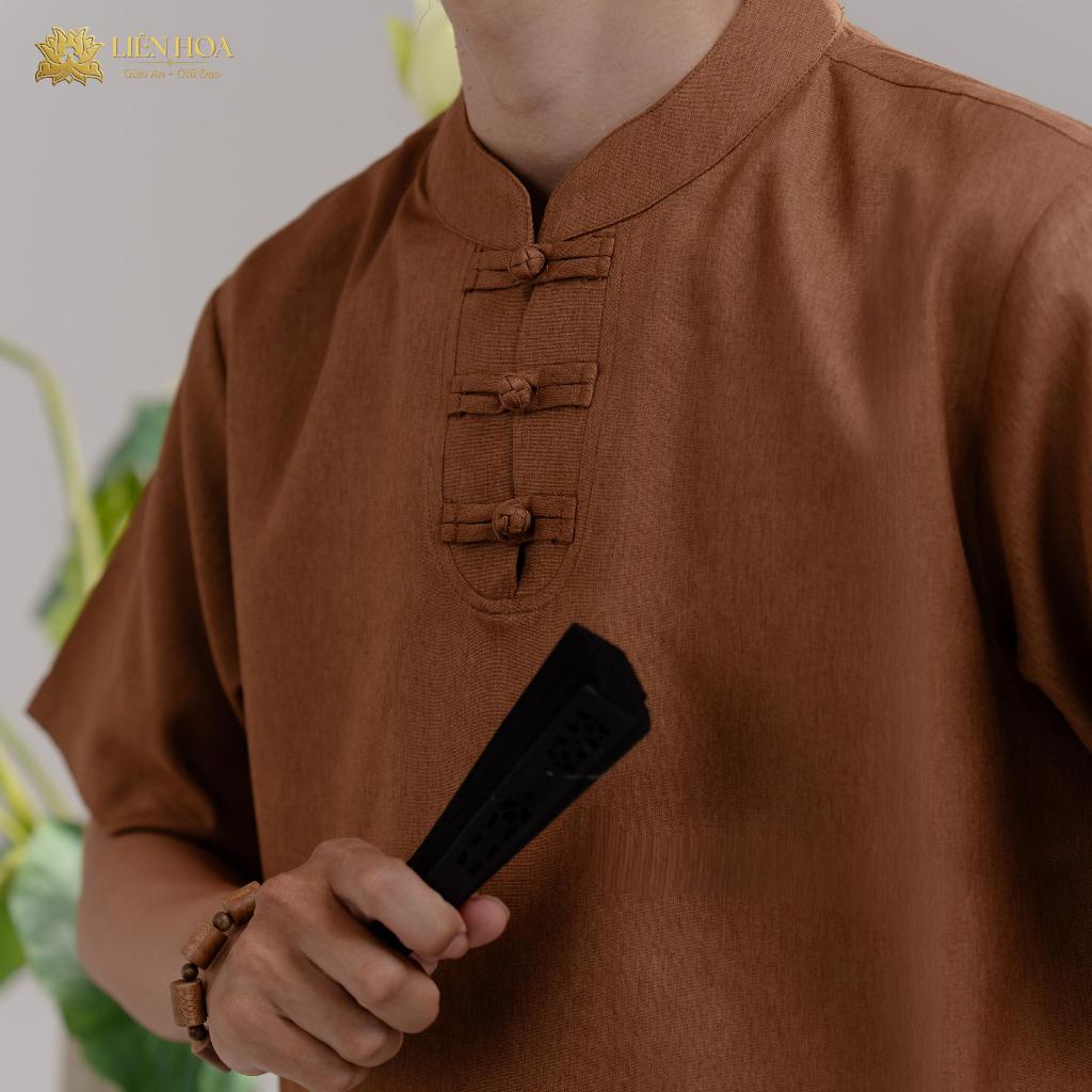 Đồ Lam Nam Đi Chùa Liên Hoa | Cổ Trụ Tay Ngắn | Pháp Phục Tối Giản | Linen Thoáng Mát
