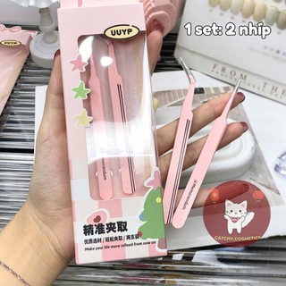 [UUYP] Set 2 Nhíp Gắp Mi UUYP Đa Năng Vỏ Hồng, Thép Không Gỉ (K-K505)