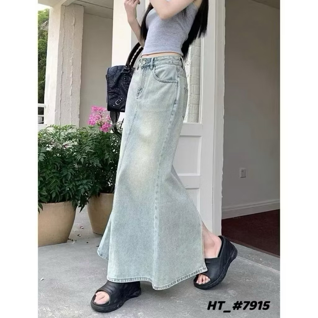 Chân váy jeans nữ đuôi cá dáng dài denim xẻ sau ~94cm