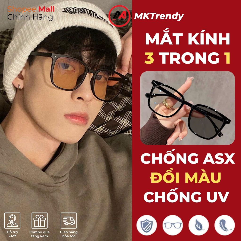 Kính đổi màu gọng vuông MKTRENDY thời trang nam nữ nhựa cao cấp chống ánh sáng xanh chống tia UV X16