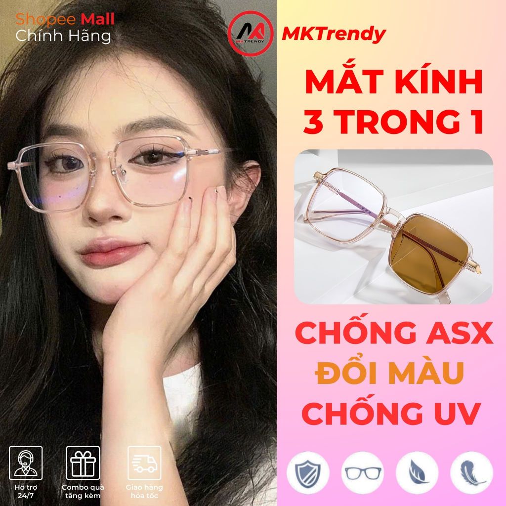 Kính đổi màu MKTRENDY gọng kim loại vuông chống tia UV chống ánh sáng xanh thời trang nam nữ X14