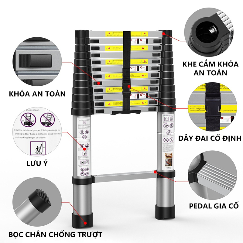 Thang Nhôm Rút Inox 1.9M - 6.0M Dễ dàng mang theo Thiết bị khóa tự động