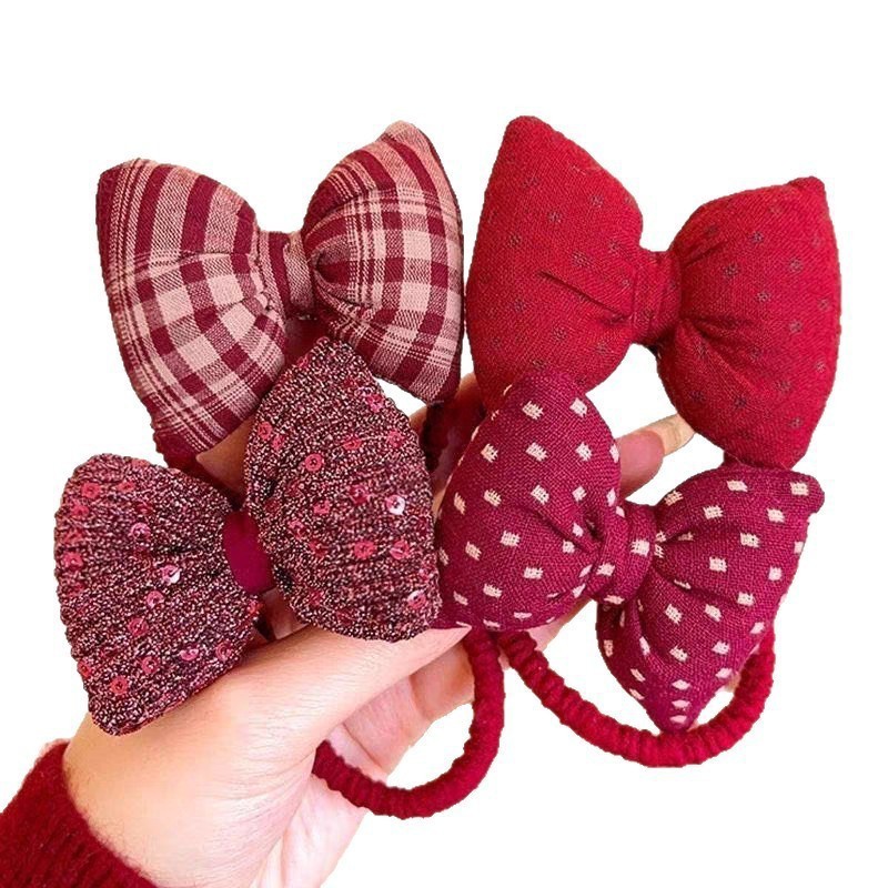 Dây Buộc Tóc Nhún Đính Nơ Phồng Đỏ Phong Cách Tiểu Thư Xinh Xắn Phụ Kiện Tóc Empoli