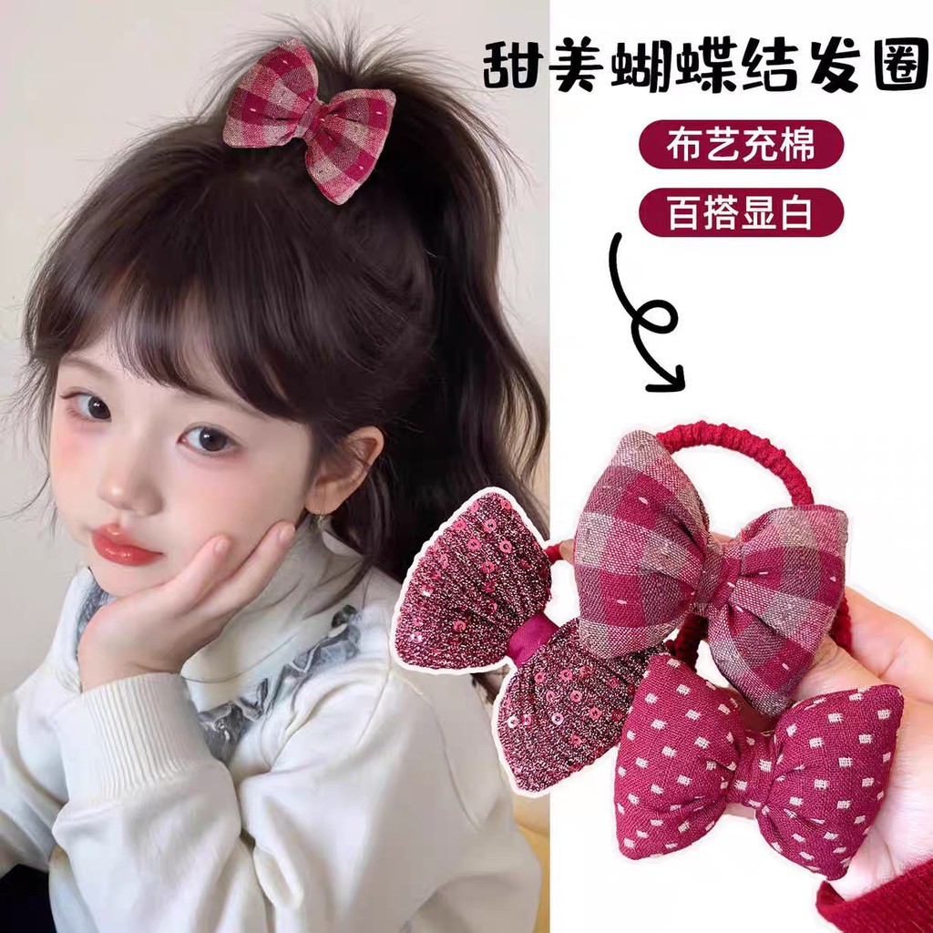 Dây Buộc Tóc Nhún Đính Nơ Phồng Đỏ Phong Cách Tiểu Thư Xinh Xắn Phụ Kiện Tóc Empoli