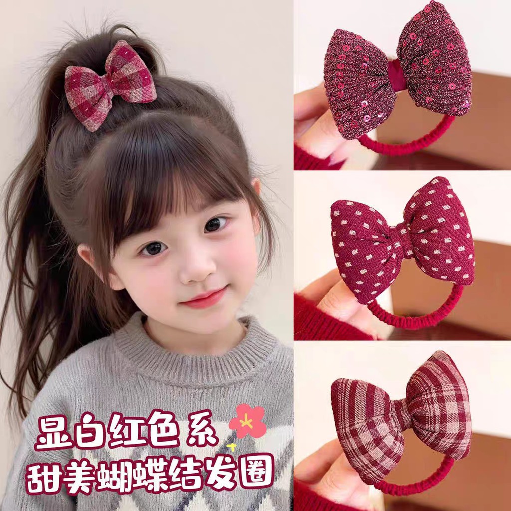 Dây Buộc Tóc Nhún Đính Nơ Phồng Đỏ Phong Cách Tiểu Thư Xinh Xắn Phụ Kiện Tóc Empoli
