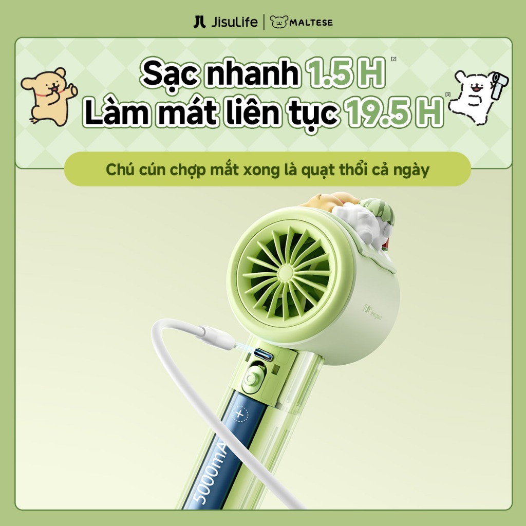[JisuLife x Maltese] Quạt cầm tay Pro1 cao cấp pin 5000mAh sạc lại gió siêu mạnh 100 mức màn hình LED dùng đi học đi làm