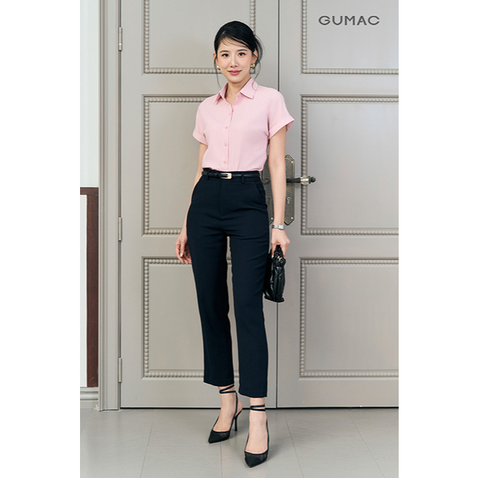 Áo Sơ Mi Nữ GUMAC Form Suông Tay Ngắn Lật Lai Vải Lụa Xốp Mềm Mát Phối Nút Đồng Màu LAE1032