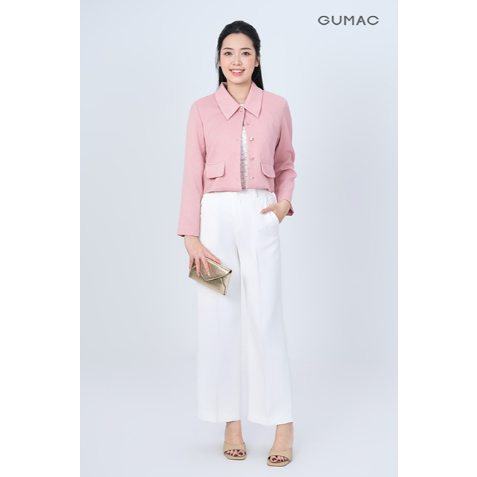 Áo Khoác Dạ Nữ GUMAC Dáng Lửng Suông 2 Lớp Phối Lá Cổ Lật Kèm Hai Nắp Túi Trang Trí LOWF0903