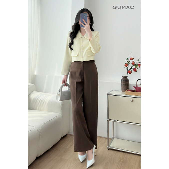 Áo Khoác Dạ Nữ GUMAC Dáng Lửng Suông 2 Lớp Phối Lá Cổ Lật Kèm Hai Nắp Túi Trang Trí LOWF0903