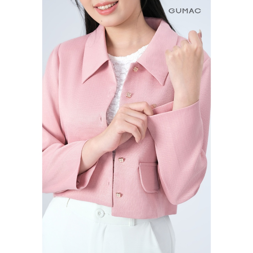 Áo Khoác Dạ Nữ GUMAC Dáng Lửng Suông 2 Lớp Phối Lá Cổ Lật Kèm Hai Nắp Túi Trang Trí LOWF0903