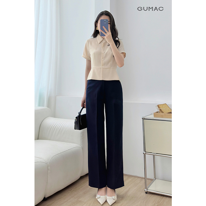 Áo Sơ Mi Nữ GUMAC Dáng Lửng Ôm Eo Tay Ngắn Lật Lai Chất Chéo Ý Thoáng Mát LAF0518