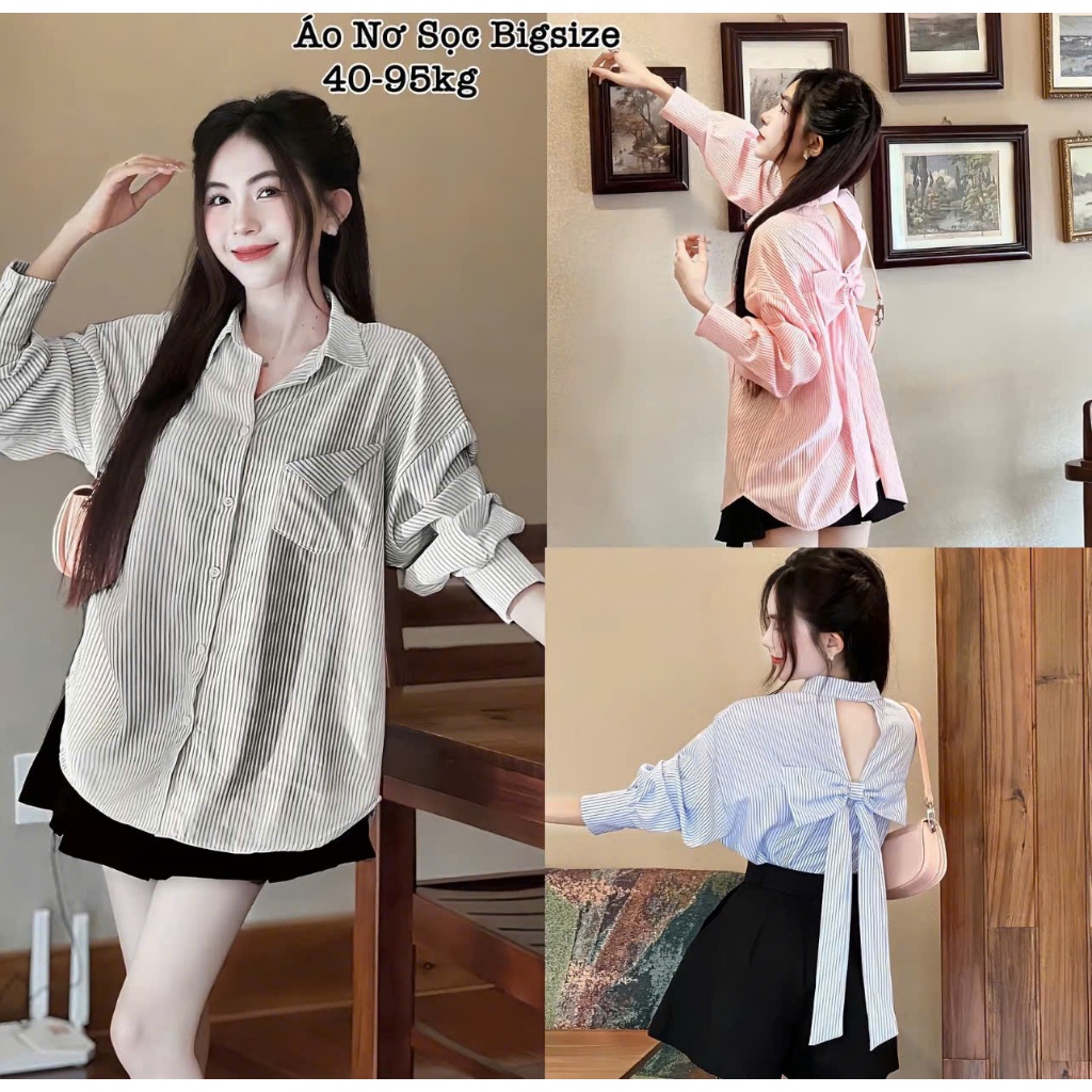 ÁO SƠ MI NỮ DÀI TAY  KẺ SỌC HOT HIT CÓ ĐÍNH NƠ PHÍA SAU   PHOM THỤNG FREESIZE  TỪ 40-65 KG  PHONG CÁCH TIỂU THƯ