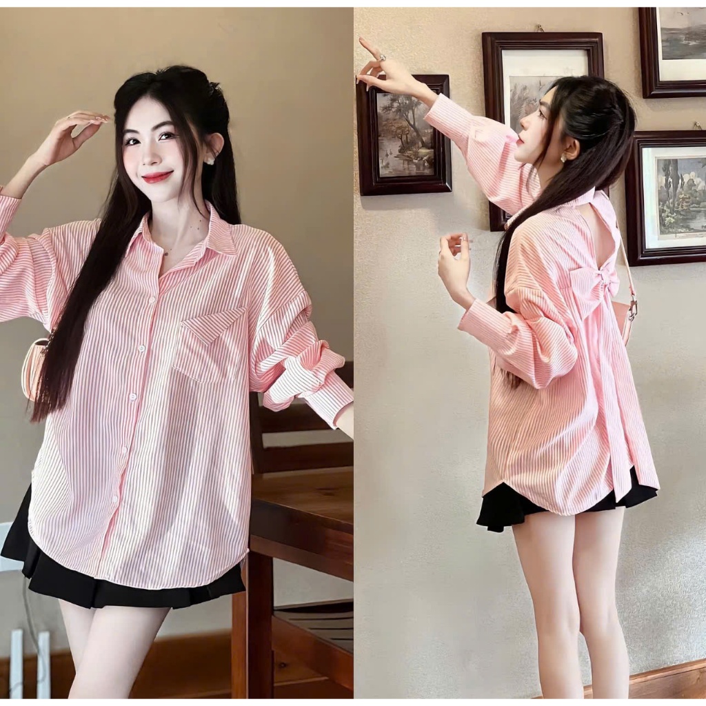 ÁO SƠ MI NỮ DÀI TAY  KẺ SỌC HOT HIT CÓ ĐÍNH NƠ PHÍA SAU   PHOM THỤNG FREESIZE  TỪ 40-65 KG  PHONG CÁCH TIỂU THƯ