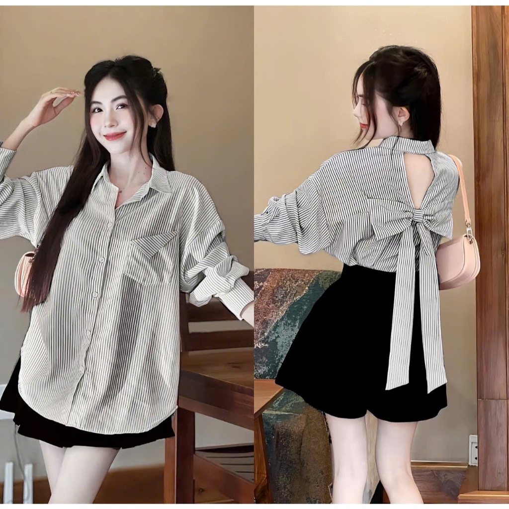 ÁO SƠ MI NỮ DÀI TAY  KẺ SỌC HOT HIT CÓ ĐÍNH NƠ PHÍA SAU   PHOM THỤNG FREESIZE  TỪ 40-65 KG  PHONG CÁCH TIỂU THƯ