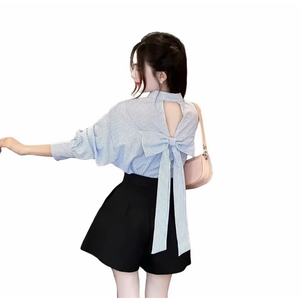 ÁO SƠ MI NỮ DÀI TAY  KẺ SỌC HOT HIT CÓ ĐÍNH NƠ PHÍA SAU   PHOM THỤNG FREESIZE  TỪ 40-65 KG  PHONG CÁCH TIỂU THƯ
